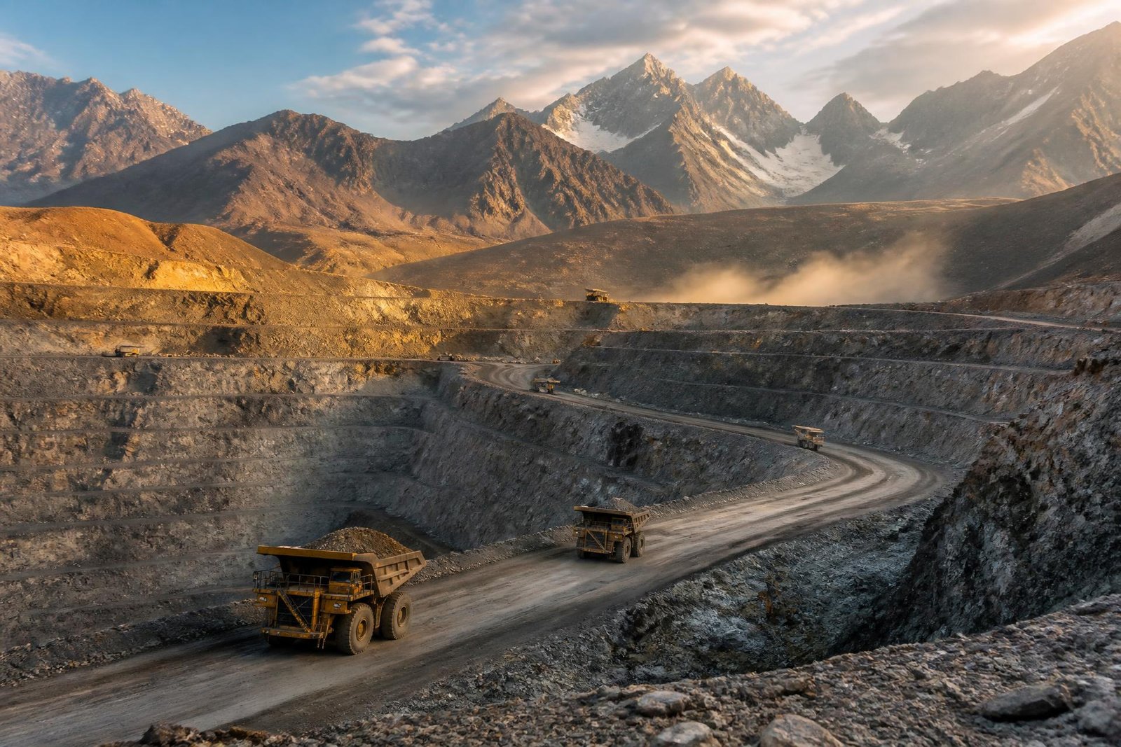 Open-pit mineral mine in Pakistan at golden hour
