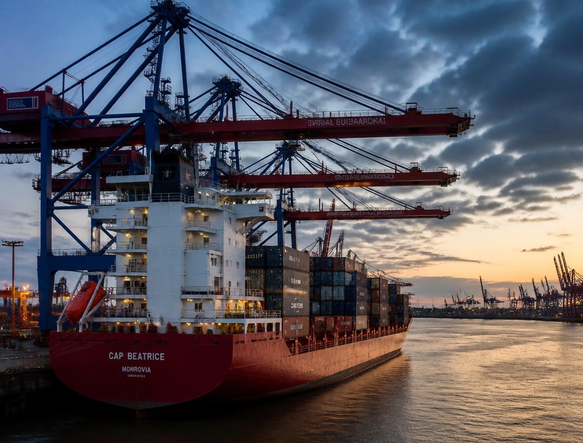Cargo vessel loading mineral exports at port